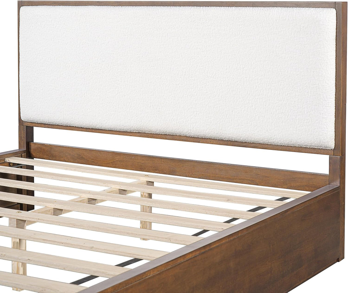 Merax Walnut Queen Size Platform Bed Frame, Modern Minimalist Wood Bed Frame with Plush Boucle Upholstered Headboard, Low Profile Modern Bed, Wood Slat Support, No Box Spring Needed