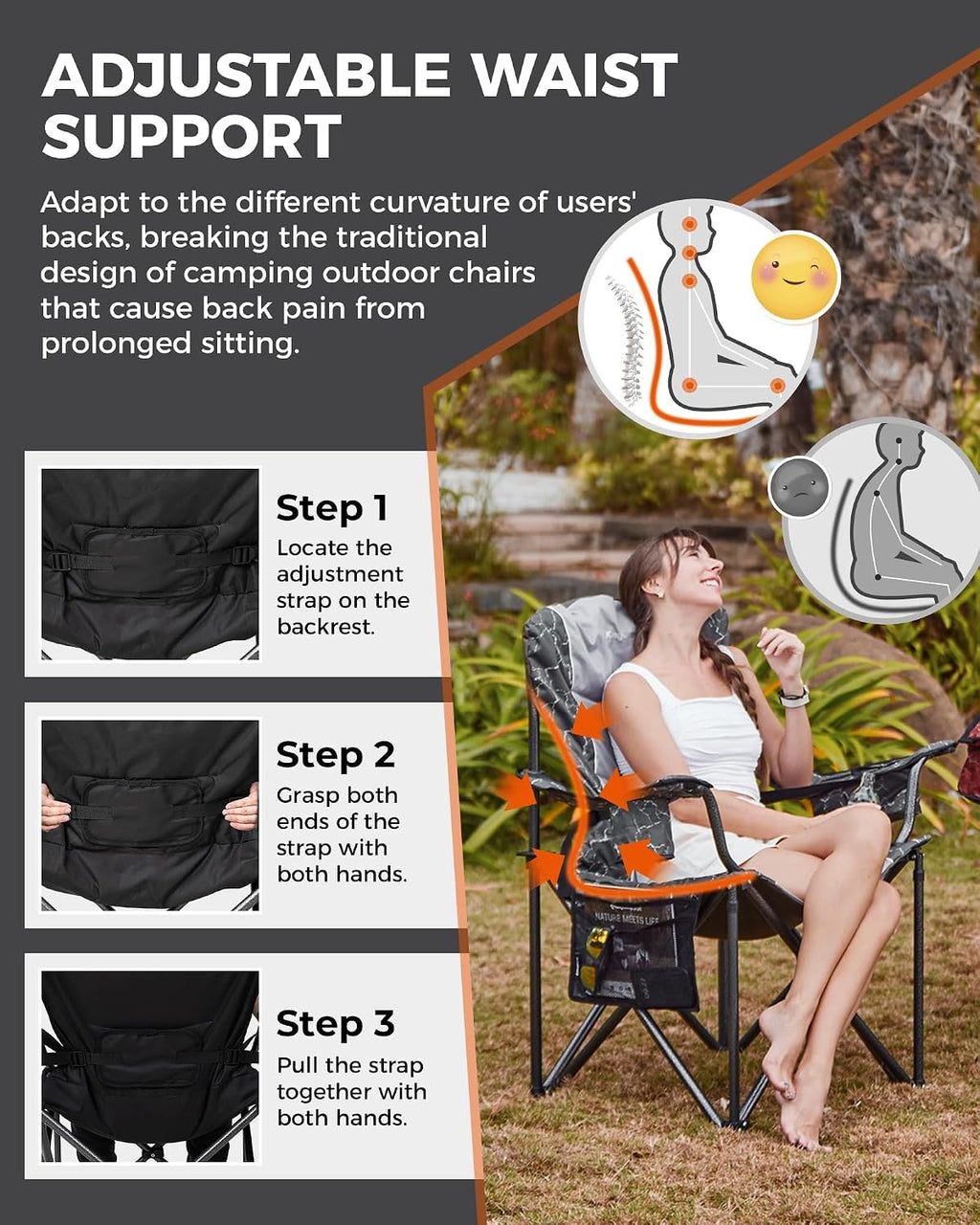 KingCamp Oversized Camping Chair with Adjustable Lumbar Support, 550lbs Heavy Duty Padded Folding Lawn Chair for Adults, Outdoor Armchair with Cooler Bag, Cup Holder & Side Pocket for Fishing, Travel