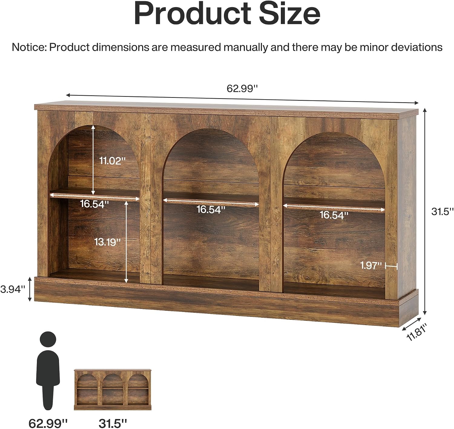 Tribesigns Arched Console Table, 63" Wooden Entryway Table with Storage | Farmhouse Long 3-Tier Sofa Table Behind The Couch for Entrance, Hallway, Living Room, Foyer, Brown