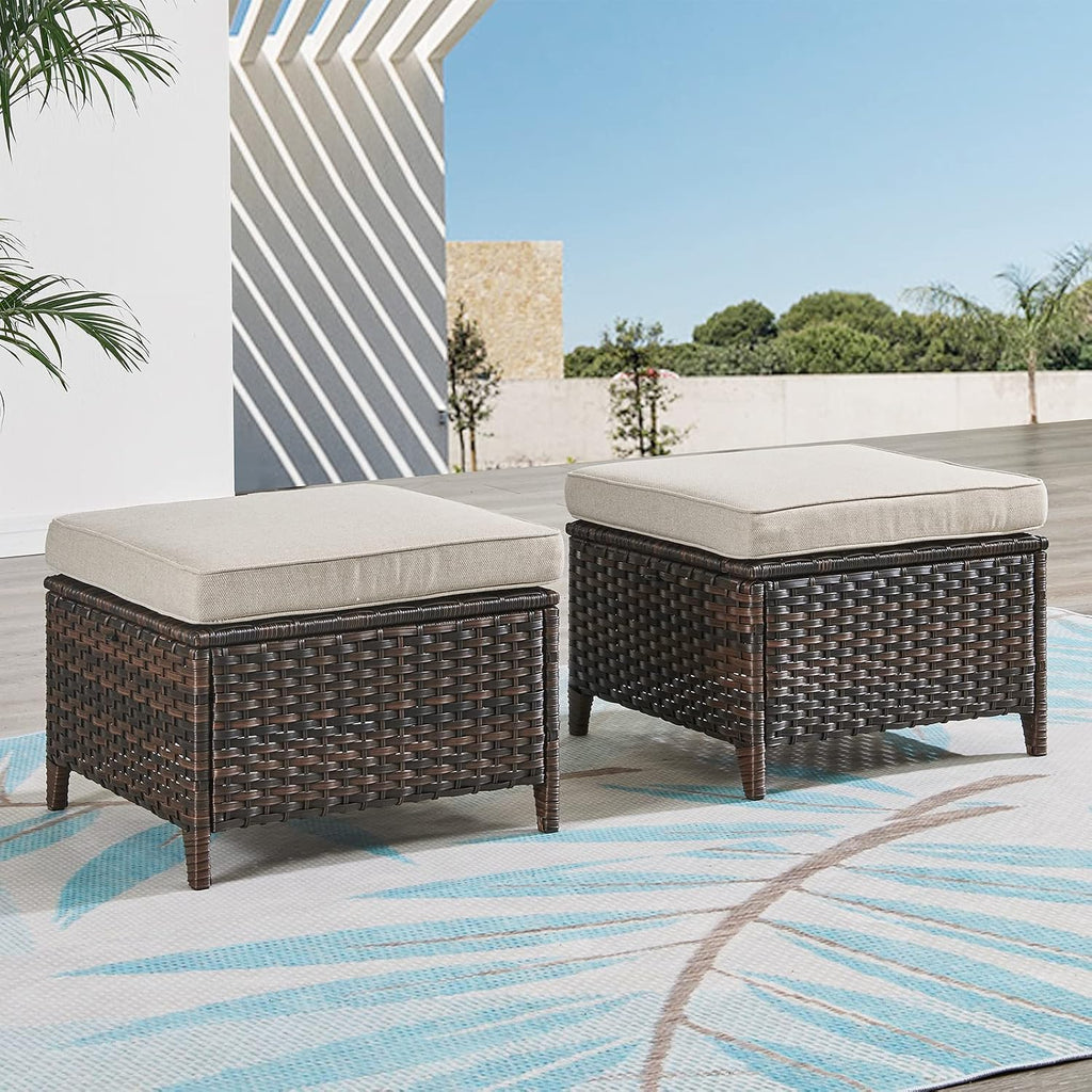 Rilyson Luxury Outdoor Wicker Patio Ottomans Set of 2, 250 lbs Capacity Rattan Large Ottomans for Patio Footrest Set 22.8in*22.8in*14in with 3.5in Thick Cushion (Brown/Beige)