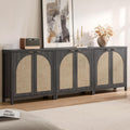 SICOTAS 102"W Rattan Sideboard Buffet Cabinet Set of 3, Modern Credenza Storage Cabinet with Arch Doors & Shelves, Boho Coffee Bar Media Console Cabinets for Kitchen, Living Room, Entryway, Black Oak