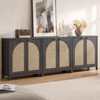 SICOTAS 102"W Rattan Sideboard Buffet Cabinet Set of 3, Modern Credenza Storage Cabinet with Arch Doors & Shelves, Boho Coffee Bar Media Console Cabinets for Kitchen, Living Room, Entryway, Black Oak