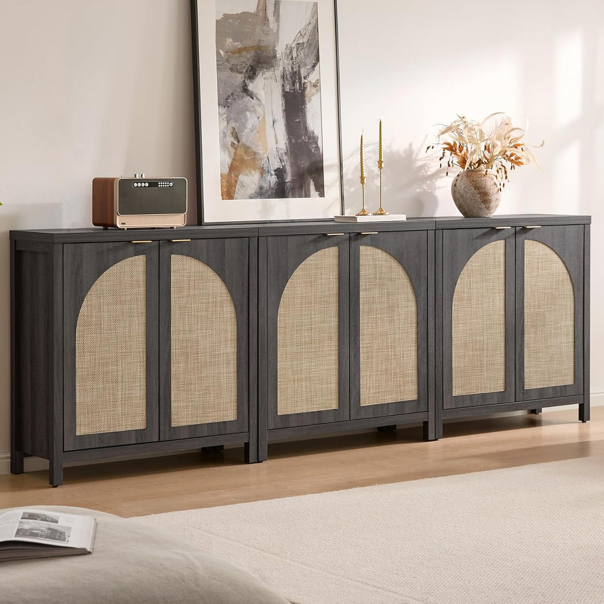 SICOTAS 102"W Rattan Sideboard Buffet Cabinet Set of 3, Modern Credenza Storage Cabinet with Arch Doors & Shelves, Boho Coffee Bar Media Console Cabinets for Kitchen, Living Room, Entryway, Black Oak