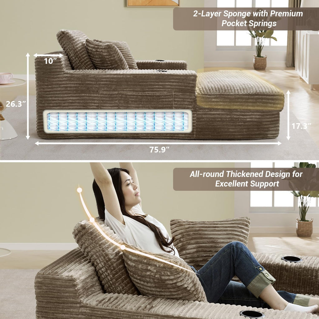 49" x 76" Corduroy Chaise Lounge, Cup Holders, Camel | Super-oversized corduroy chaise with deep sleeper seating and built-in cup holders for reading, lounging rest.