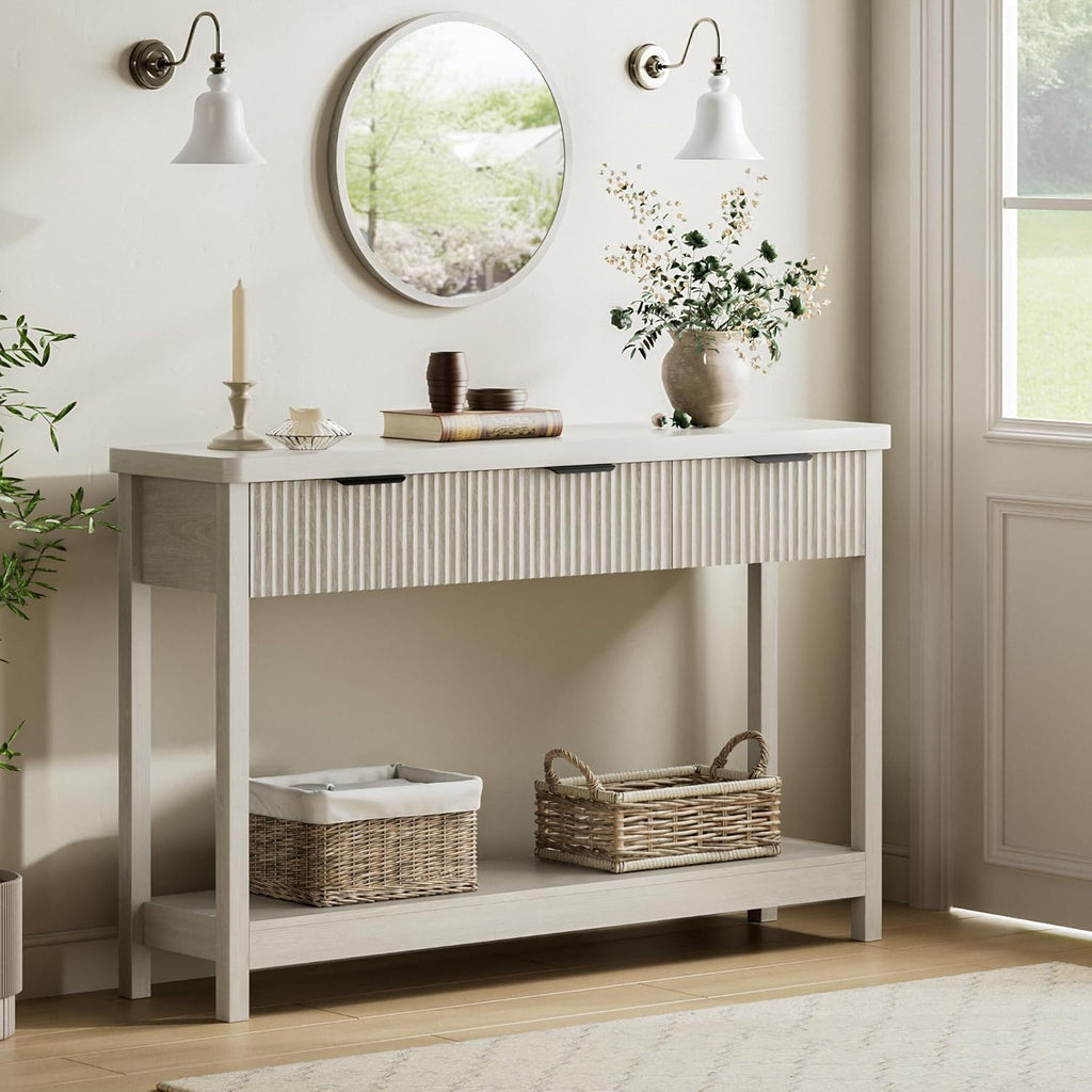 Lulive Fluted Console Table, 51 Inch Entryway Table with 3 Drawers | Scandi farmhouse look with quiet full-extension slides, open lower shelf, profile for hallway, entry, foyer or behind sofa.