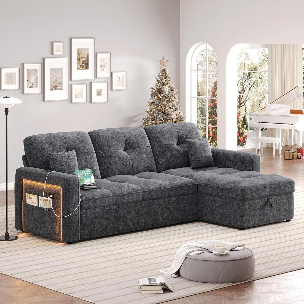 81'' LED L-Shaped Sectional Couch for Living Room, Sleeper Sofa Bed, Grey | Comfy Chenille Cloud Couch, Pull Out Bed, Storage Chaise, 5-level Adjustable Backrest, USB Charging, 2 Pillow, 900LB Capacity