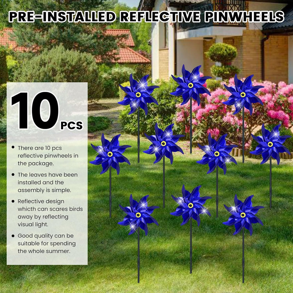 10 PCS Reflective Pinwheels for Yard and Garden Bird Devices Pre-Installed Sparkly Wind Spinner Deterrent to Scare Birds Away from Yard Patio Farm (Blue)