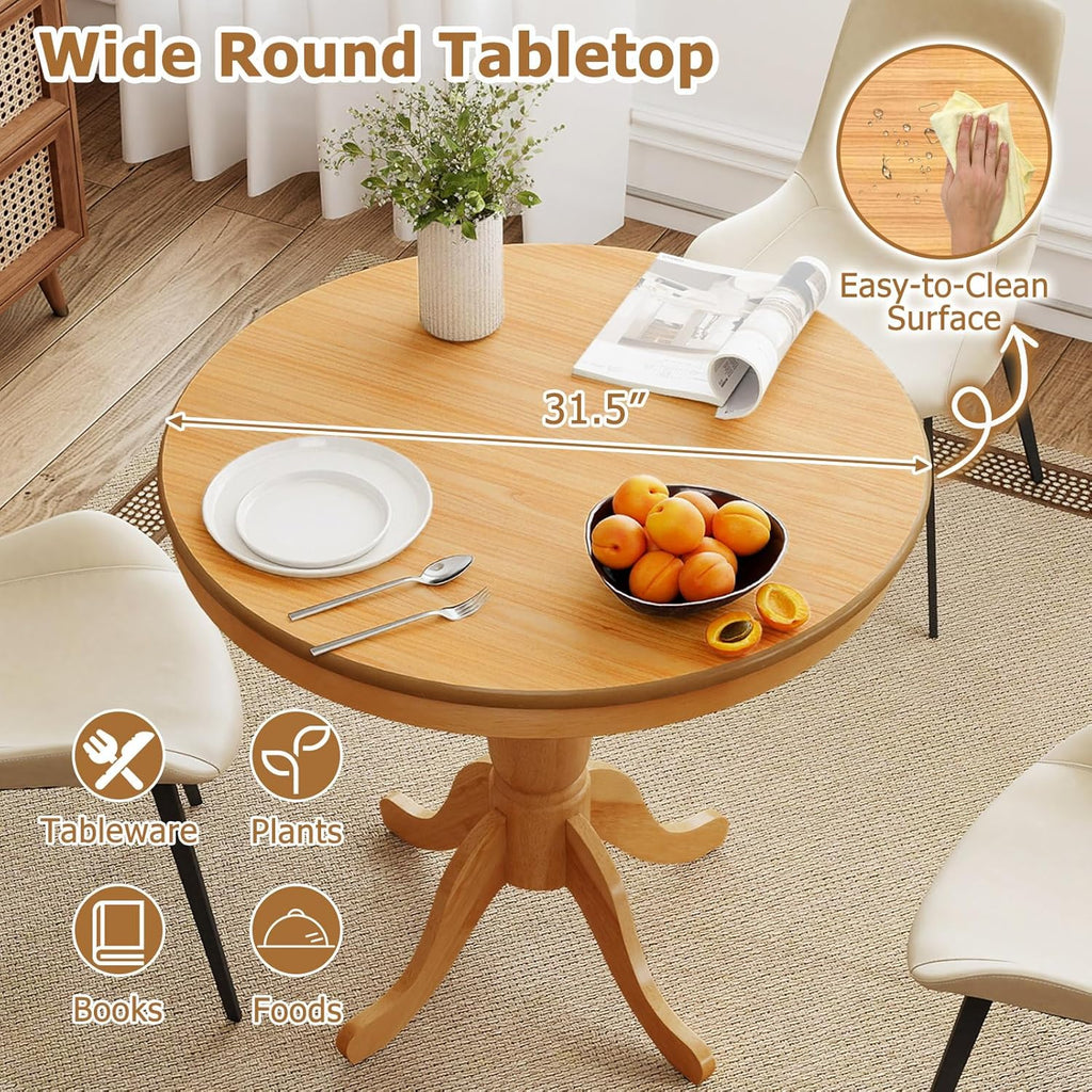 Round Dining Table, 32" D X 30" H Wooden Kitchen Table with Pedestal Base, Traditional Bistro Table for 2 to 4 People, Leisure Coffee Table for Home, Bar, Restaurant, Natural