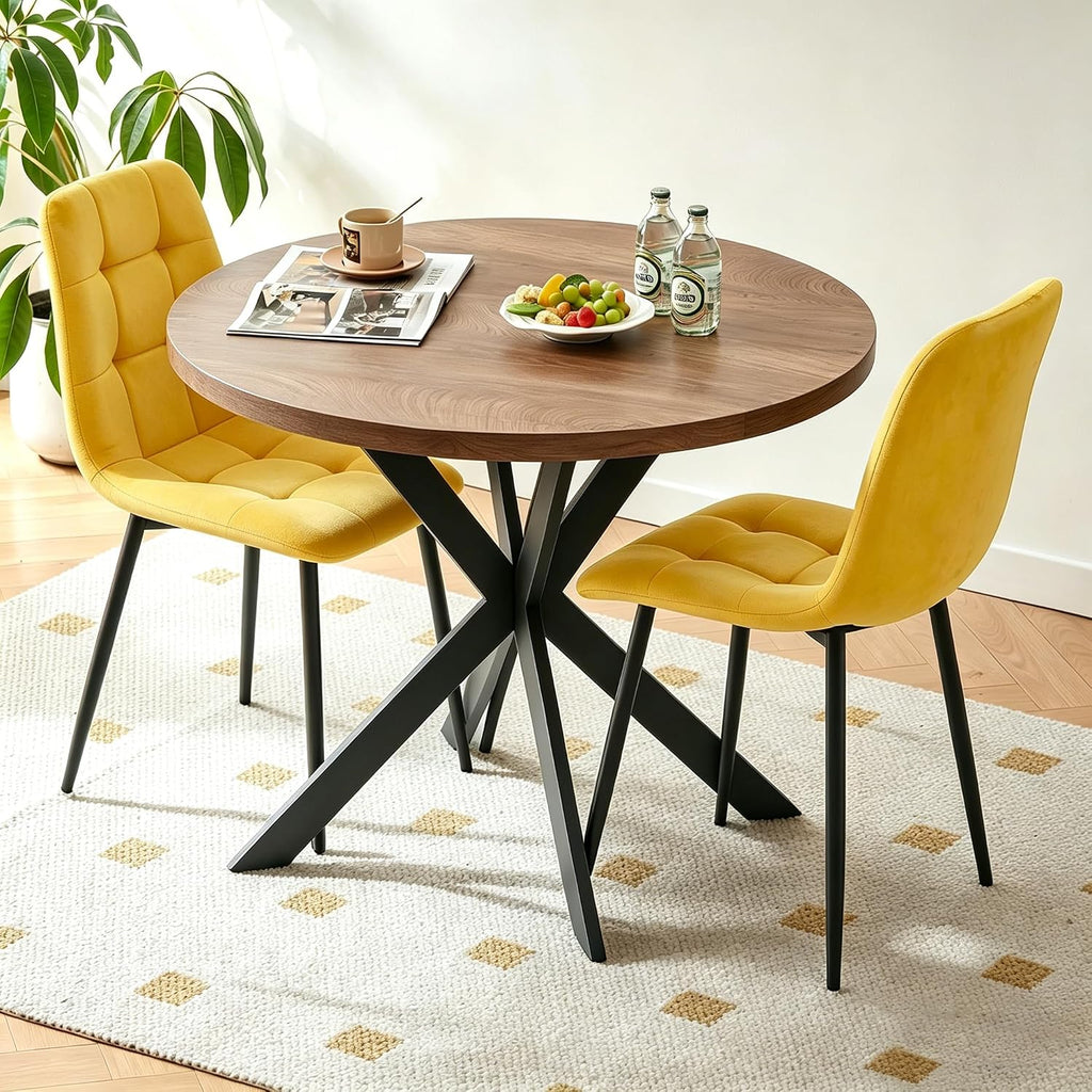 Homedot Small Dining Table Set for 2,37-in Round Kitchen Table Chairs Set Space Saving, Rustic Brown Breakfast Nook Dinner Table with Yellow Dining Room Side Chairs Upholstered for Dining Hall