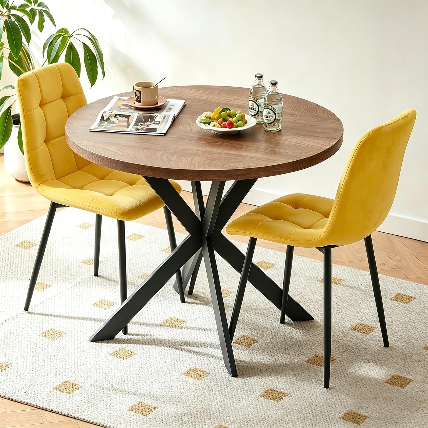 Homedot Small Dining Table Set for 2,37-in Round Kitchen Table Chairs Set Space Saving, Rustic Brown Breakfast Nook Dinner Table with Yellow Dining Room Side Chairs Upholstered for Dining Hall