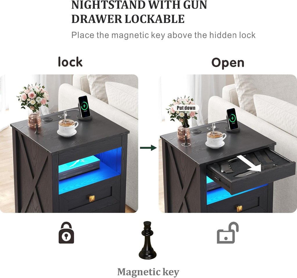 Farmhouse LED Nightstand Set 2 with Gun Drawer&Invisible Lock,Modern Bedside Table with Human Sensor Design,Rustic Side Table with Wireless Charging for Living Room, Black
