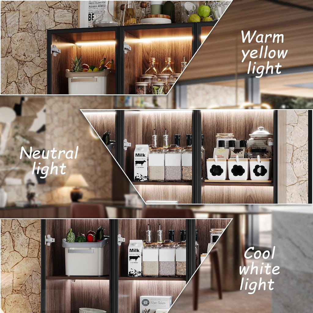78.7" H Tall Kitchen Pantry with 3 Color LED Light, Modern Cupboard with Glass Doors, Metal Frame & Wood Grain, Large Display Storage Cabinet with Shelves for Living Dining Room, Brown