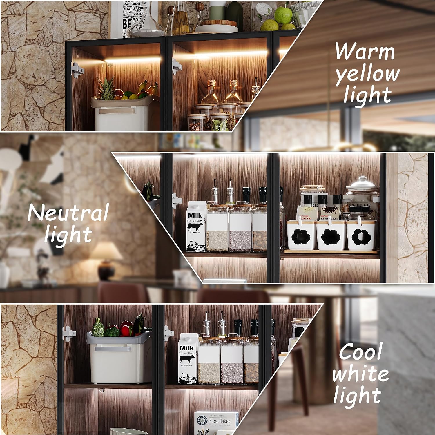 78.7" H Tall Kitchen Pantry with 3 Color LED Light, Modern Cupboard with Glass Doors, Metal Frame & Wood Grain, Large Display Storage Cabinet with Shelves for Living Dining Room, Brown