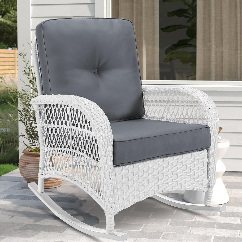 VIVIJASON Outdoor Wicker Rocking Chair, Patio Rattan Rocker Chair with Cushions & Steel Frame, All-Weather Rocking Lawn Rattan Furniture for Garden Backyard Porch (White Wicker/Grey)