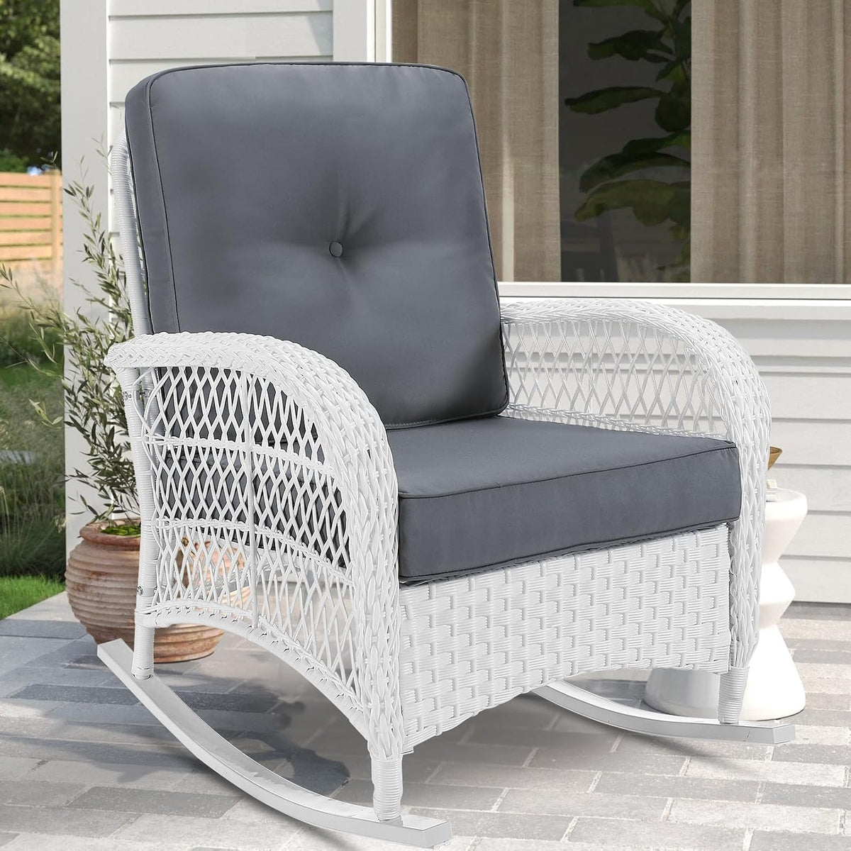 VIVIJASON Outdoor Wicker Rocking Chair, Patio Rattan Rocker Chair with Cushions & Steel Frame, All-Weather Rocking Lawn Rattan Furniture for Garden Backyard Porch (White Wicker/Grey)