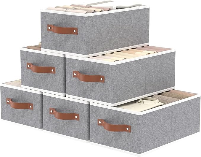 OUTBROS Foldable Bins With Handles, Fabric Storage Boxes, Foldable Bins With Handles, Wardrobe Baskets for Organizing, For bedrooms, living rooms, Shelves, White, 16.1 x 6.5 x 9.8 inch, 6-Pack