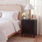 SAFAVIEH Furniture - Thea 1-Door Carved Nightstand - Black - Mango Wood - Artisan Global Design - Ideal for Bedroom, 20" W x 14" D x 26" H - Fully Assembled (NST5300D)