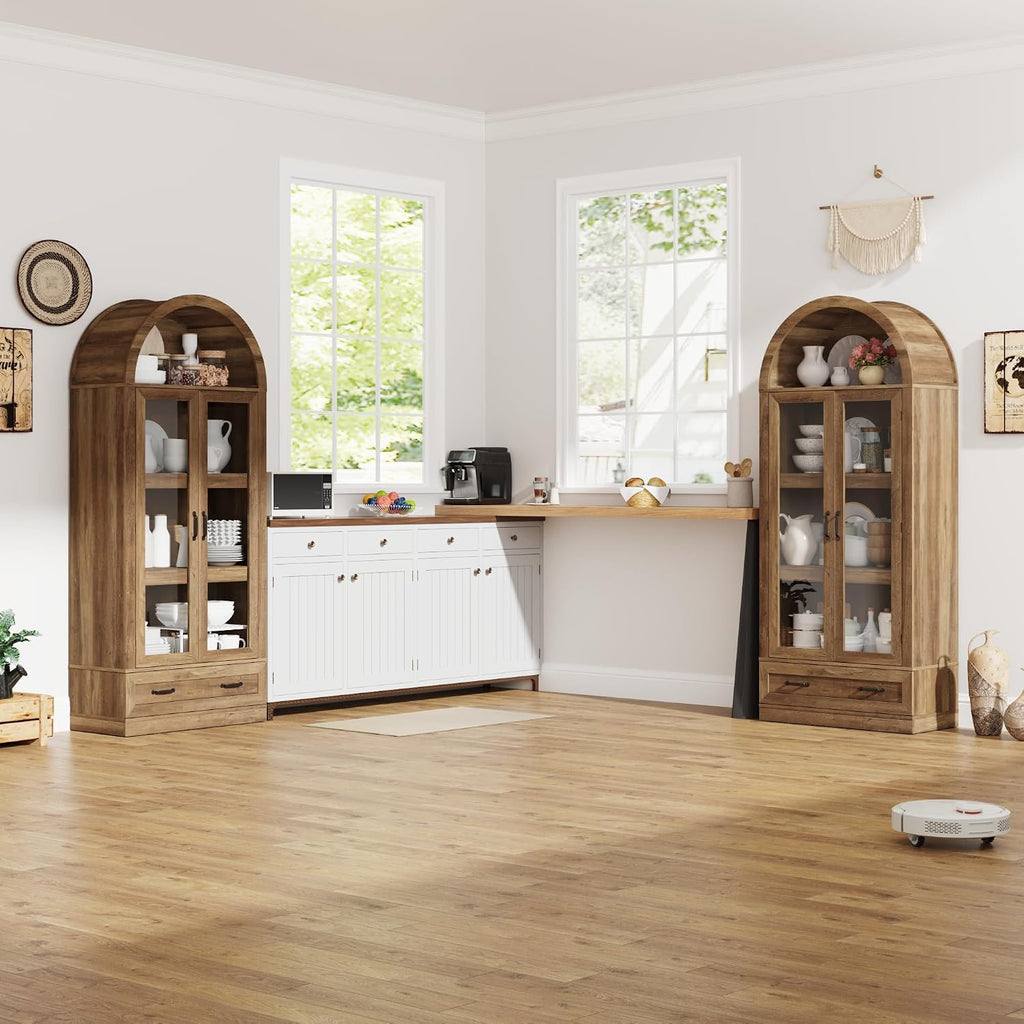 75" Tall Arched Kitchen Pantry Cabinet w Load-Bearing Steel Pipe,Modern Farmhouse Kitchens Storage Cabinet with Drawer and Glass Doors,Tall Arched Bookcase,Pantry Organizer for Living Room(Natural)