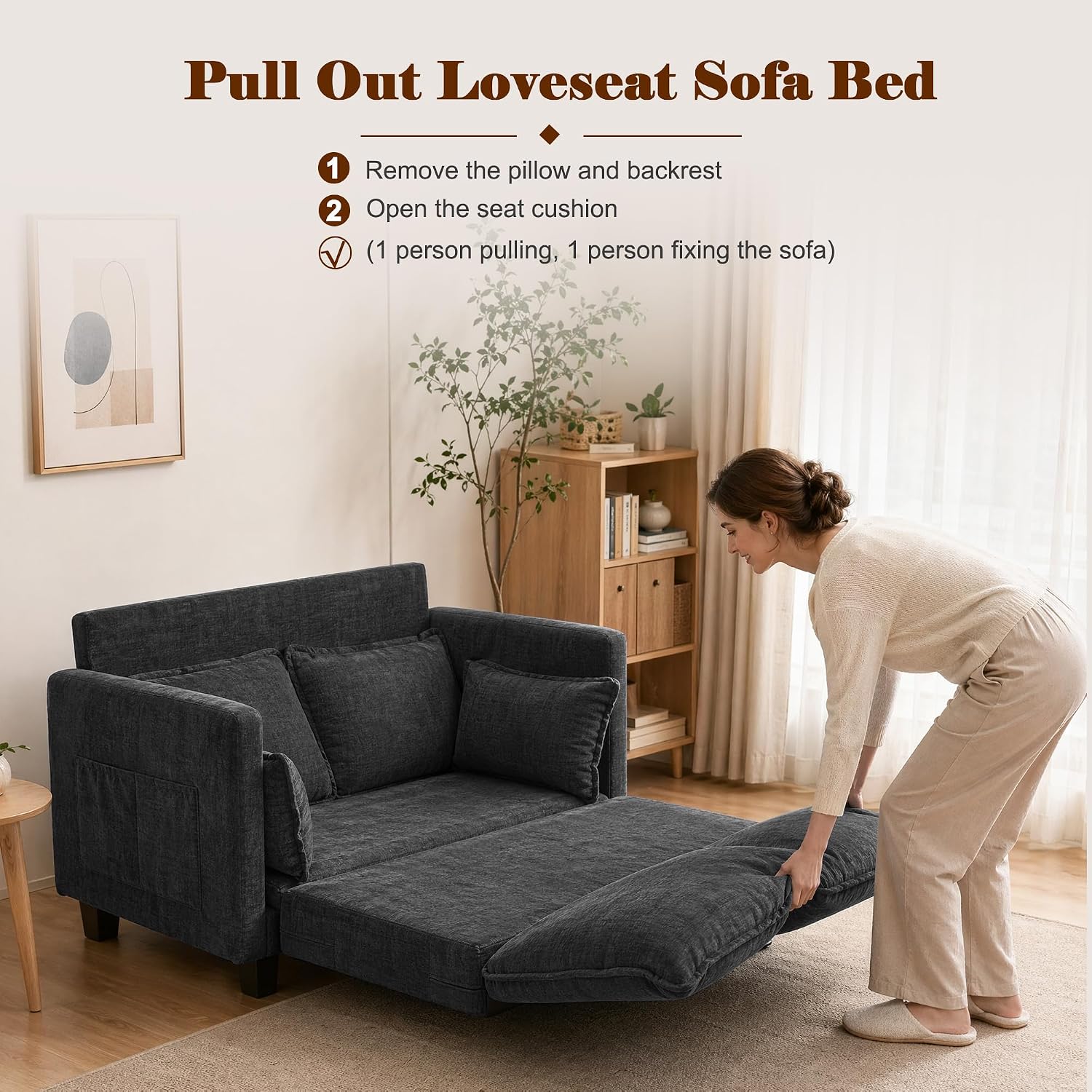 49" Loveseat Sofa Bed, 2 in 1 Convertible Small Sofa Pull Out Couch Bed Chenille Deep 2 Seat Sleeper Twin XL Futon Mattress for Small Spaces Living Room Bedroom Apartment Office, Grey