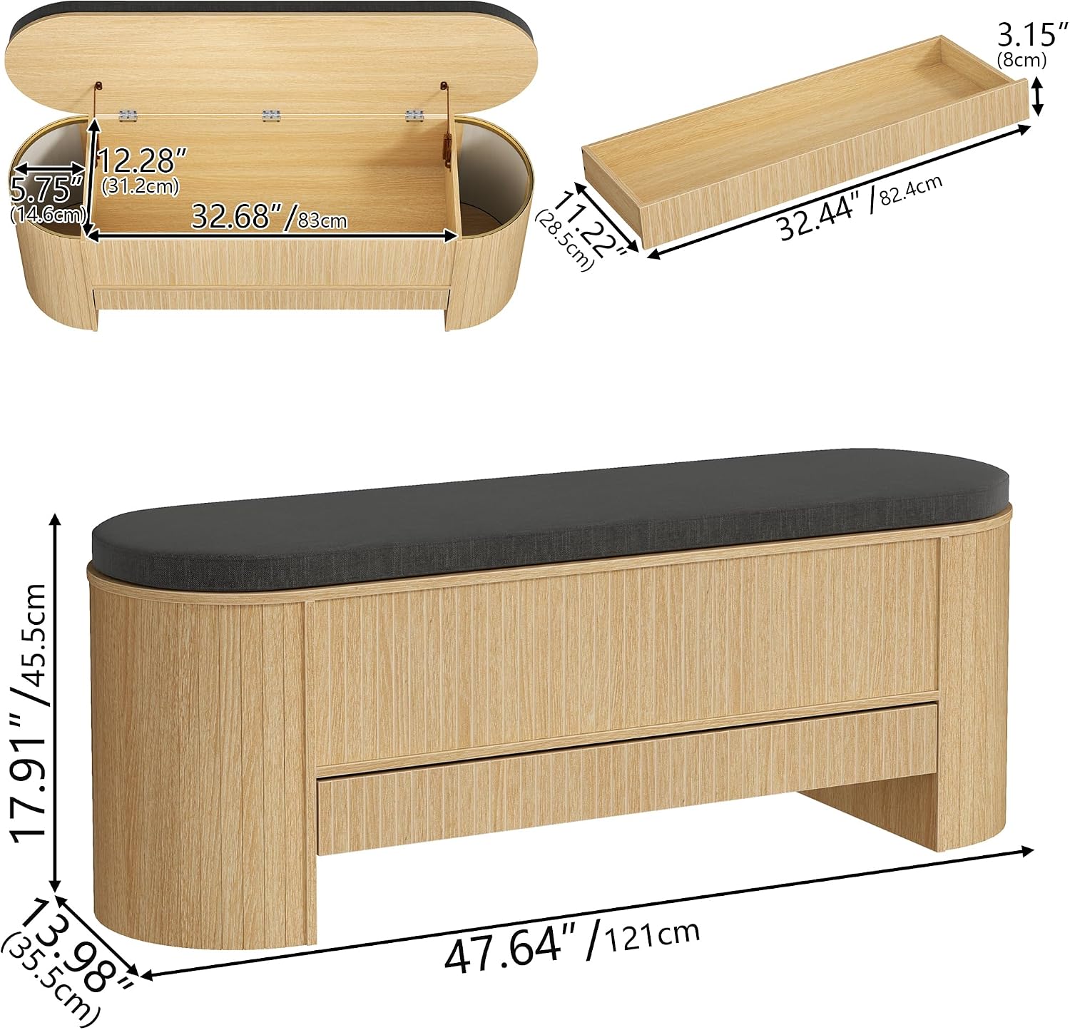 Gyfimoie Shoe Storage Bench with Cushion, Sturdy Entryway Bench Supports 300 lb, Wood Storage Chest with Drawer for Bedroom, 47.64"*17.91 * 13.98" Inches, Shoe Benches for Living Room, Hallway