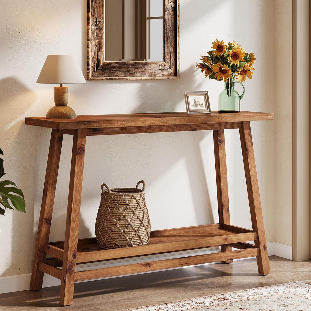 41.3" Farmhouse Console Table, Solid Wood Entryway Table with Storage Shelf, 2 Tiers of Narrow Behind Couch Sofa Furniture for Living Room, Hallway, Foyer, Easy Assembly