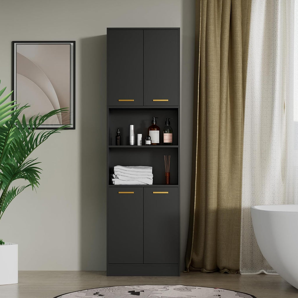 Cozy Castle Kitchen Pantry Cabinet, 75" Tall Wood Storage Cabinet with Doors and Shelves, 4 Doors Open Countertop Utility Hutch Cupboard for Dining Room Living Room Bathroom Furniture, Black