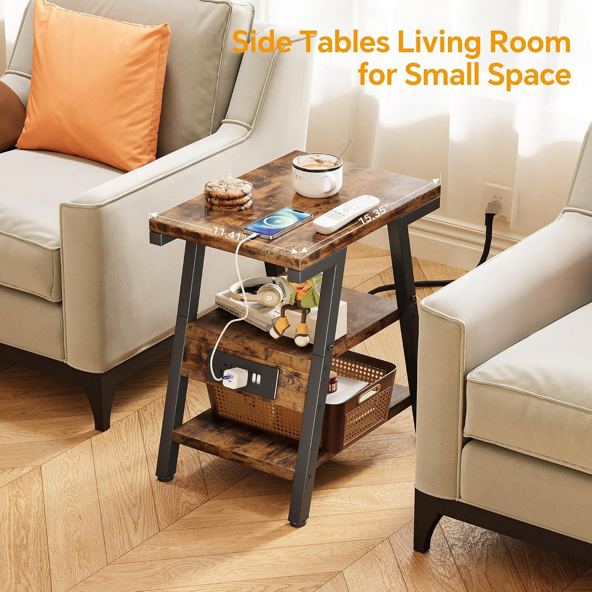 SIde Table with Charging Station, Small End Tables with Lucky 7 Metal Shape, 3-Tier Nightstand with Outlets and USB Ports, Adjustable Leveling Feet, Side Table for Living Room, Bedroom (Rustic Brown)