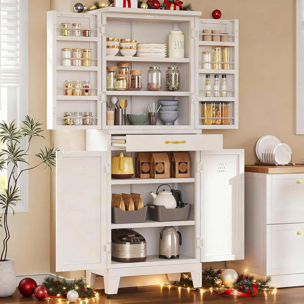 YITAHOME 71" Metal Kitchen Pantry Storage Cabinet with 4 Doors, 4 Adjustable Shelves, 1 Drawer and 8 Door Racks, Tall Freestanding Steel Cupboard for Home Kitchen Living Dining Room, White