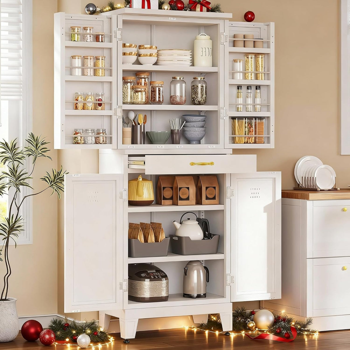 YITAHOME 71" Metal Kitchen Pantry Storage Cabinet with 4 Doors, 4 Adjustable Shelves, 1 Drawer and 8 Door Racks, Tall Freestanding Steel Cupboard for Home Kitchen Living Dining Room, White
