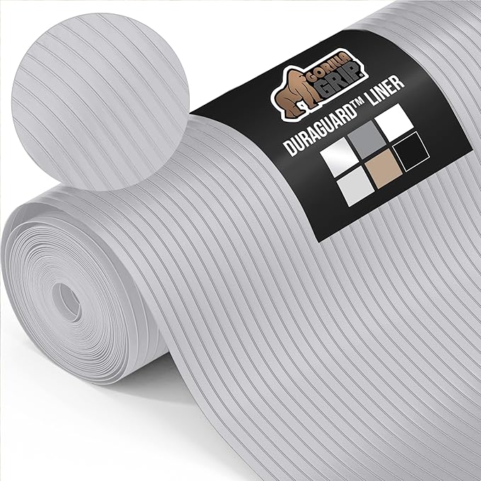 GORILLA GRIP DuraGuard Shelf Liner, Non-Adhesive Cabinet Liners for Kitchen Drawers, Shelves, Refrigerator, Pantry Storage, Bathroom Closet, Durable Waterproof BPA Free Ribbed Plastic, 12x20 Lt Gray