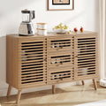 Furnify Buffet Cabinet with Slatted Doors, 47" W Sideboard Buffet with Drawers, Modern Mid Century Accent Storage Cabinet for Living Room, Entryway, Kitchen, Oak