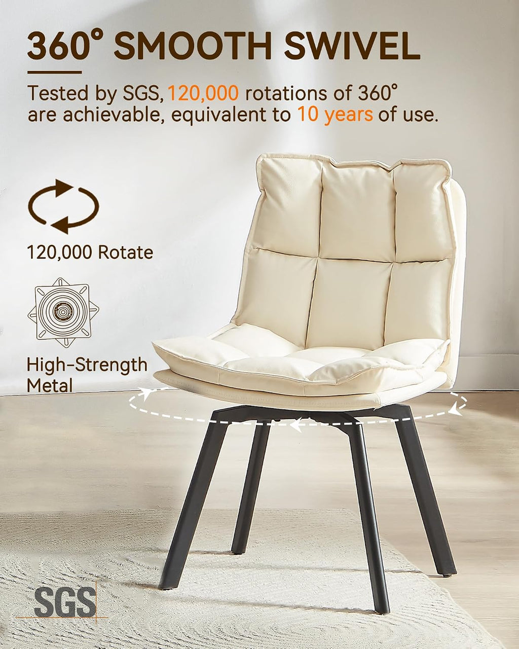BedsPick 360° Swivel Dining Chair Set of 2 - Faux Leather Upholstered Kitchen Chair, Mid Century Modern Dining Room Chair with Metal Legs for Kithcen/Living Room/Reception/Office, Beige