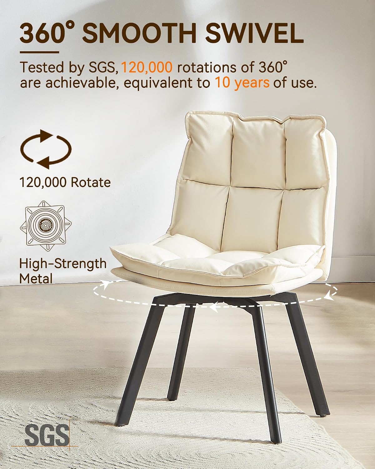 BedsPick 360° Swivel Dining Chair Set of 2 - Faux Leather Upholstered Kitchen Chair, Mid Century Modern Dining Room Chair with Metal Legs for Kithcen/Living Room/Reception/Office, Beige