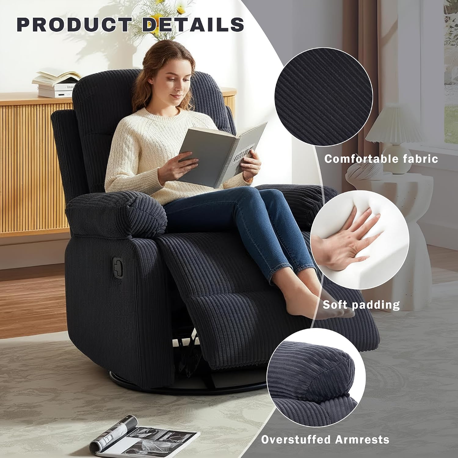 Rocking Recliner Chair,Modern Swivel Glider Recliner Chair,Corduroy Fabric Upholstery Recliner,Manual Reclining Sofa Chair for Living Room,Office,Apartment (Dark Grey)