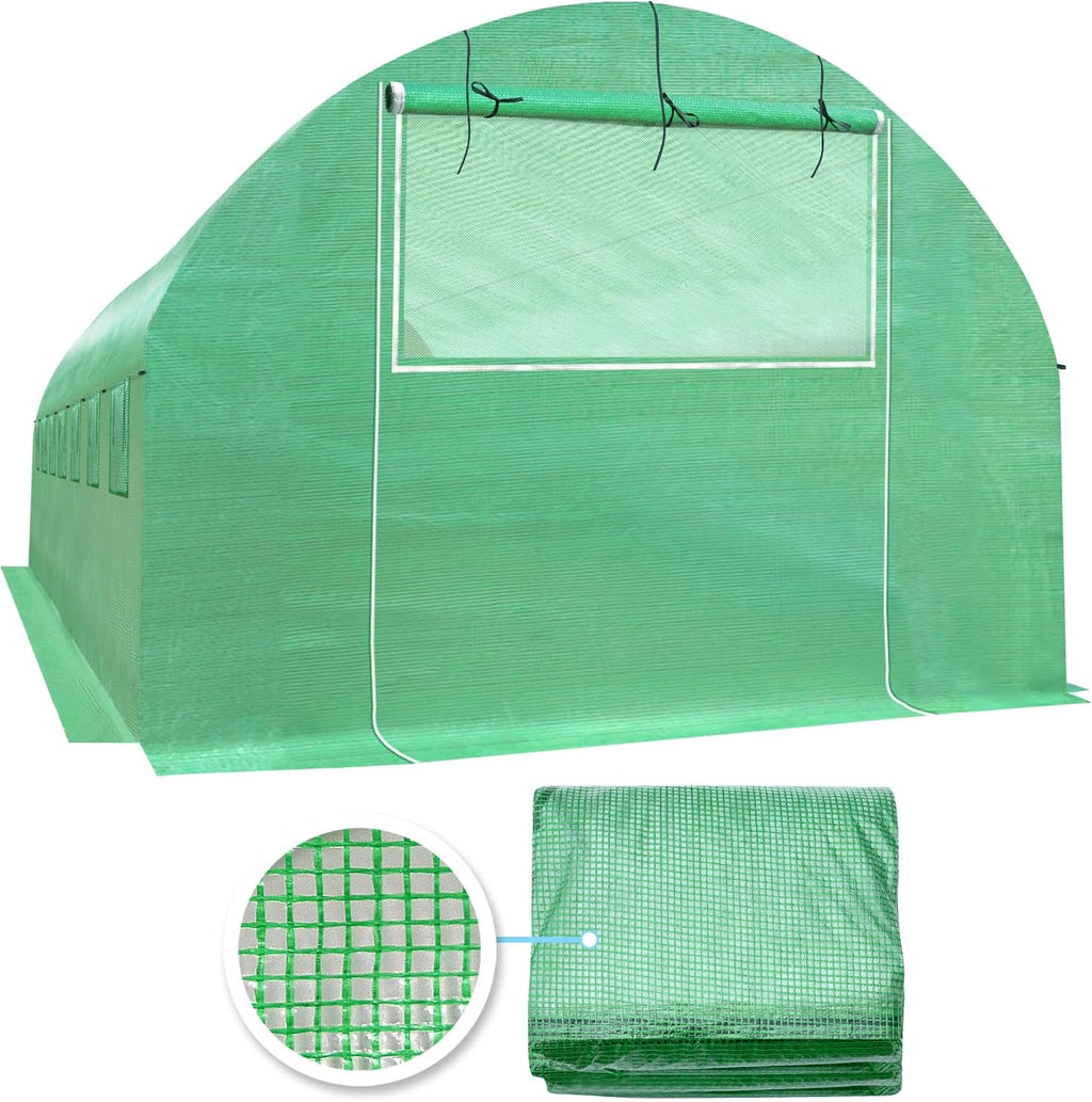 YardGrow Greenhouse Replacement Cover Larger Walk in Outdoor Plant Gardening Greenhouse, 2-Doors with 2 Mesh Windows, Frame Does NOT Included (26'x10'x7')