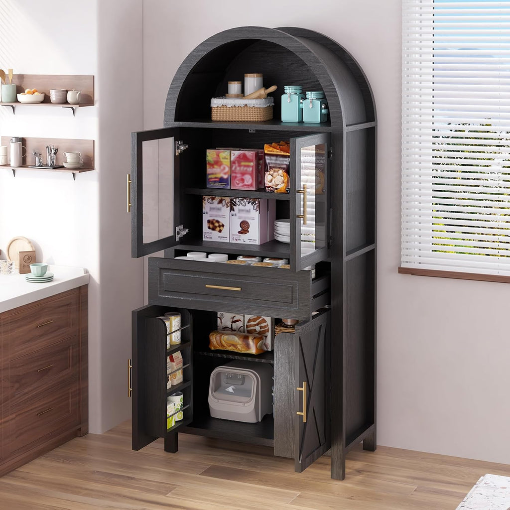 Kitchen Pantry Cabinet with Arched Top, White Storage Cabinet with Adjustable Shelves, Freestanding Cupboard with Drawer and Door Organizers, 70.8H x 31.5W x 15.75D Inches (Black)
