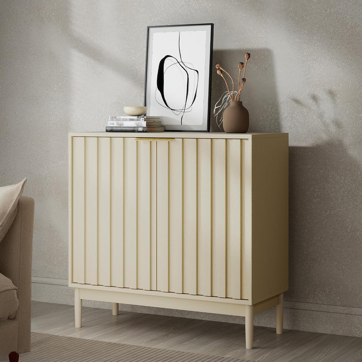 Fluted Cabinet with Storage, Buffet Cabinet Sideboard with 2 Doors, Beige Buffet Storage Accent Cabinets with Adjustable Shelves for Living Room, Entry, Hallway, Kitchen