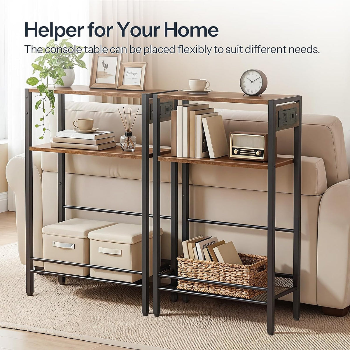 HOOBRO 15.7" Narrow Console Table with Charging Station, 3 Tier Entryway Table for Small Space, Behind Couch Table, Sofa Table, for Entryway, Hallway, Living Room, Rustic Brown and Black BF42UXG01