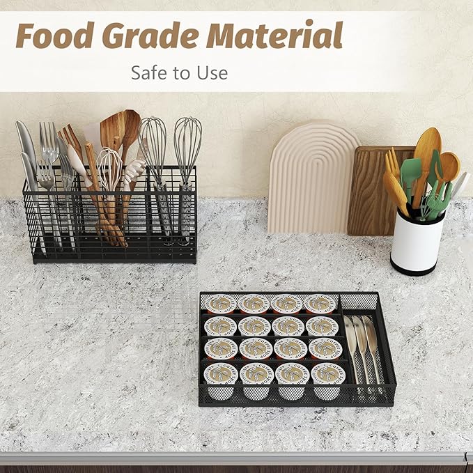 Silverware Organizer Metal Mesh, Small Drawer Organizer, Utensil Cutlery Tray for kitchen drawers, Flatware Organizer with 5 Compartment, Black(9.3"*12.6")