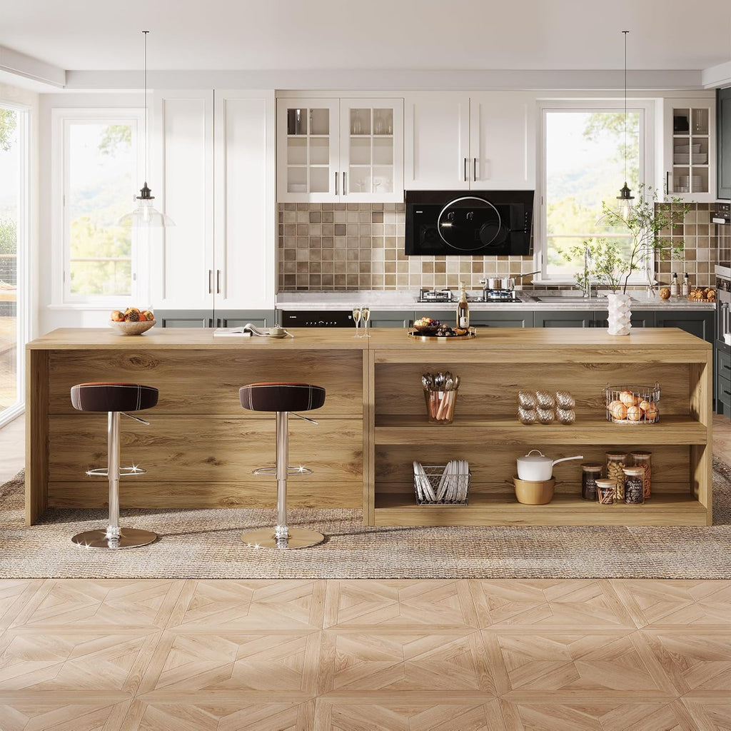 Tribesigns 59-Inch Kitchen Island with Storage, 3-Tier Farmhouse Stationary Island Table with Large Worktop & Seating Area, Rectangular Breakfast Counter for Kitchen, Dining Room, Light Wood