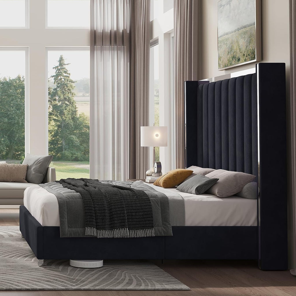 Jocisland King Size Upholstered Bed Frame with 58" Tall Headboard, Black