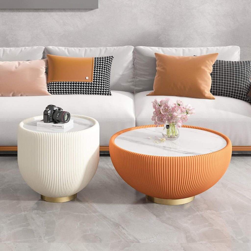SSLine Bowl-Shape Small Coffee Table Modern Sintered Stone Top Coffee Table in Cream White Leatherette Unique Bowl Side End Table for Living Room Bedroom