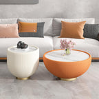 SSLine Bowl-Shape Small Coffee Table Modern Sintered Stone Top Coffee Table in Cream White Leatherette Unique Bowl Side End Table for Living Room Bedroom