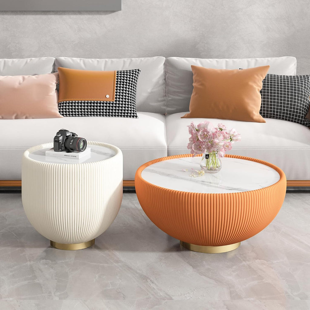 Modern Round End Table, Elegant Bowl Shaped Accent Sofa Side Table with Sintered Stone Tabletop & Pleated Leatherette Details, Small Round End Tables for Living Room Bedroom Apartment Office, White
