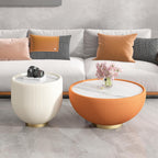 Modern Round End Table, Elegant Bowl Shaped Accent Sofa Side Table with Sintered Stone Tabletop & Pleated Leatherette Details, Small Round End Tables for Living Room Bedroom Apartment Office, White