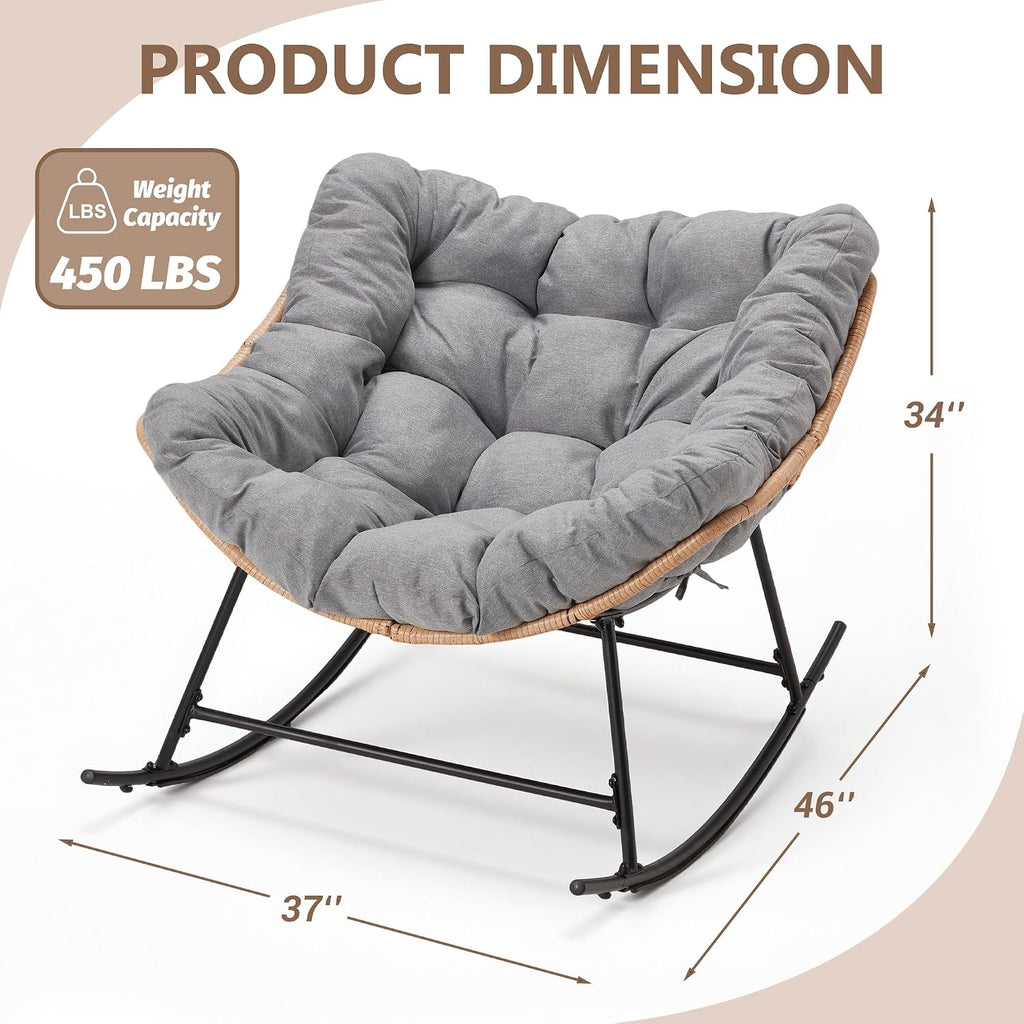 Outdoor Rocking Chair with Thick Cushion, Comfy Rattan Rocker Egg Chair Indoor with Straps, Patio Rocking Chair 450lbs for Garden, Balcony, Lawn, Backyard, Living Room, Bedroom