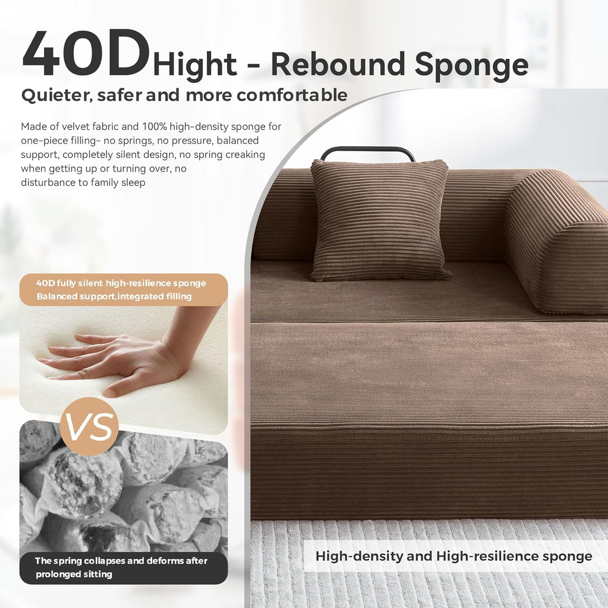 Convertible Modular Sleeper Sofa Bed, Mid Century Modern Decor Love Seat Memory Foam Couches, Sleeper Sofa Bed for Living Room, Solid & Easy to Install Cloud Couch (Brown)