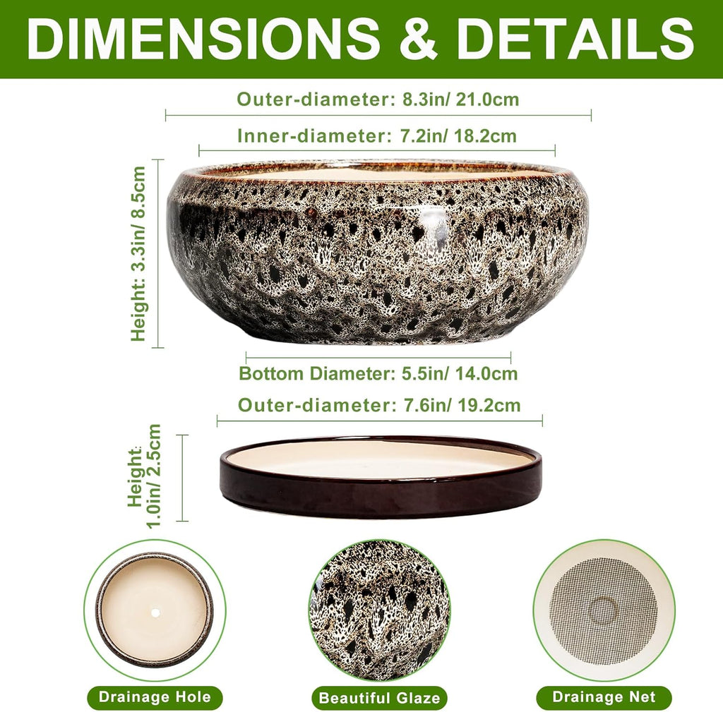 Bonsai Pots - 8 Inch Ceramic Pots for Plants with Drainage Hole and Saucer, Round Succulent Pot, Bonsai Planters Indoor Outdoor, Shallow Planter Bowl, Patio Decor, Gardening Gift, White