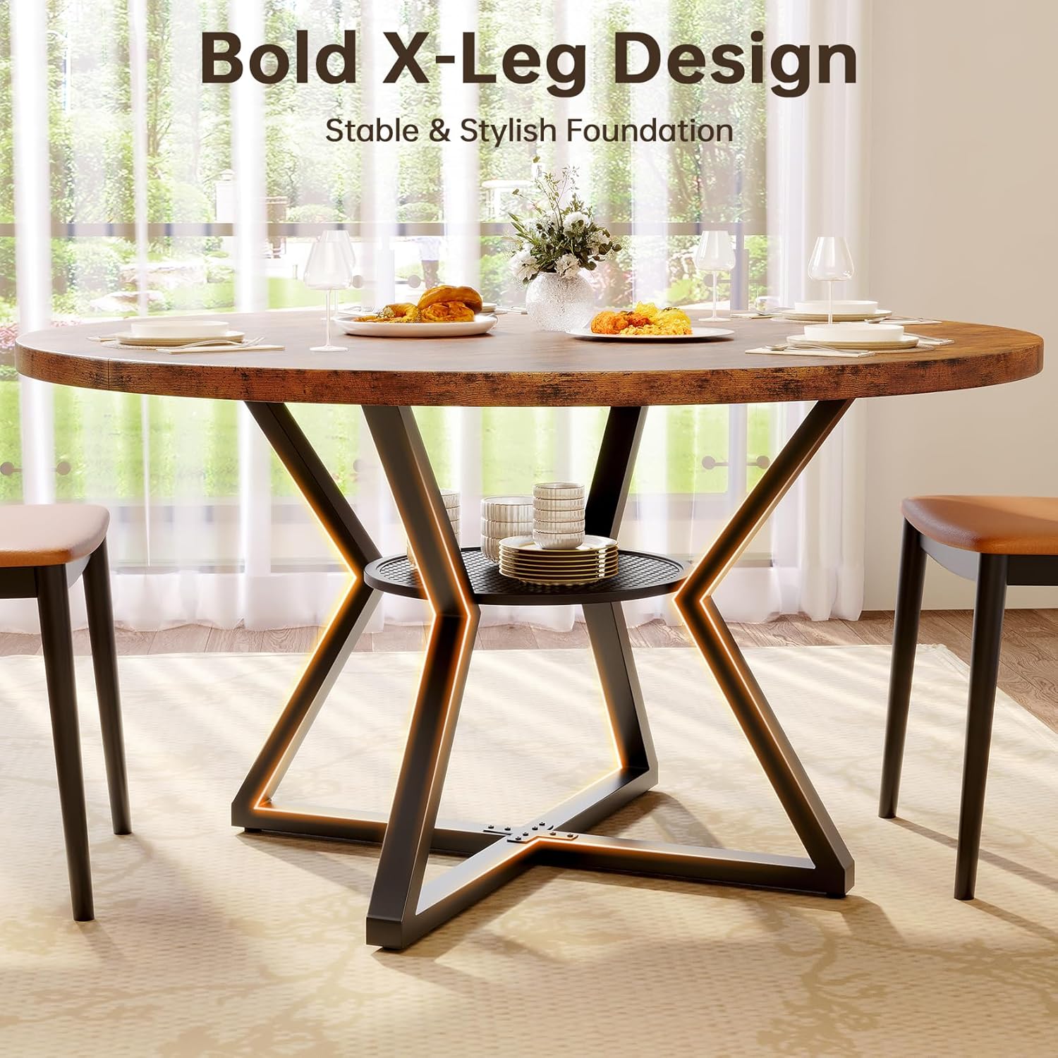Concho 55" Round Kitchen Table for 4-6, Circle Dining Dinner Table with Pedestal Metal Frame, Space Saving Wood Kitchen & Dining Room Furniture, Rustic Brown