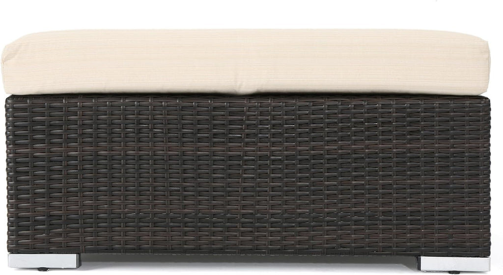 roomfitters Outdoor Wicker Ottoman with Cushion for Stylish Patio Furniture, Versatile Garden Footrest or Extra Seating, Comfortable and Durable, Beige